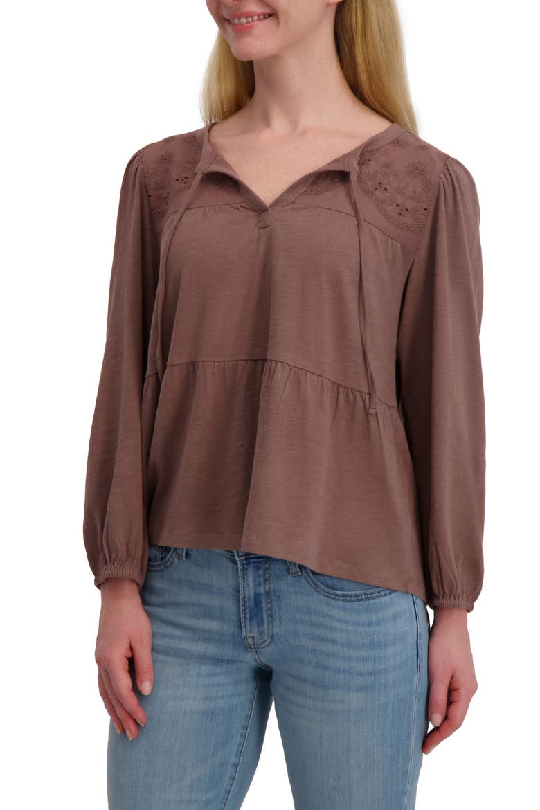 Long Sleeve Cotton Babydoll Top, Alternate, color, DEEP TAUPE
