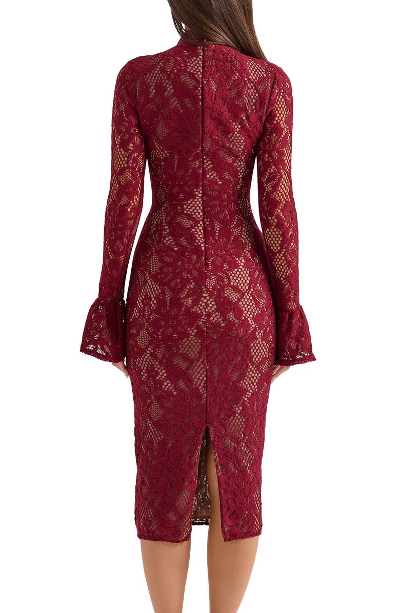 HOUSE OF CB Pierette Cutout Detail Long Sleeve Lace Body-Con Dress, Alternate, color, Rhubarb