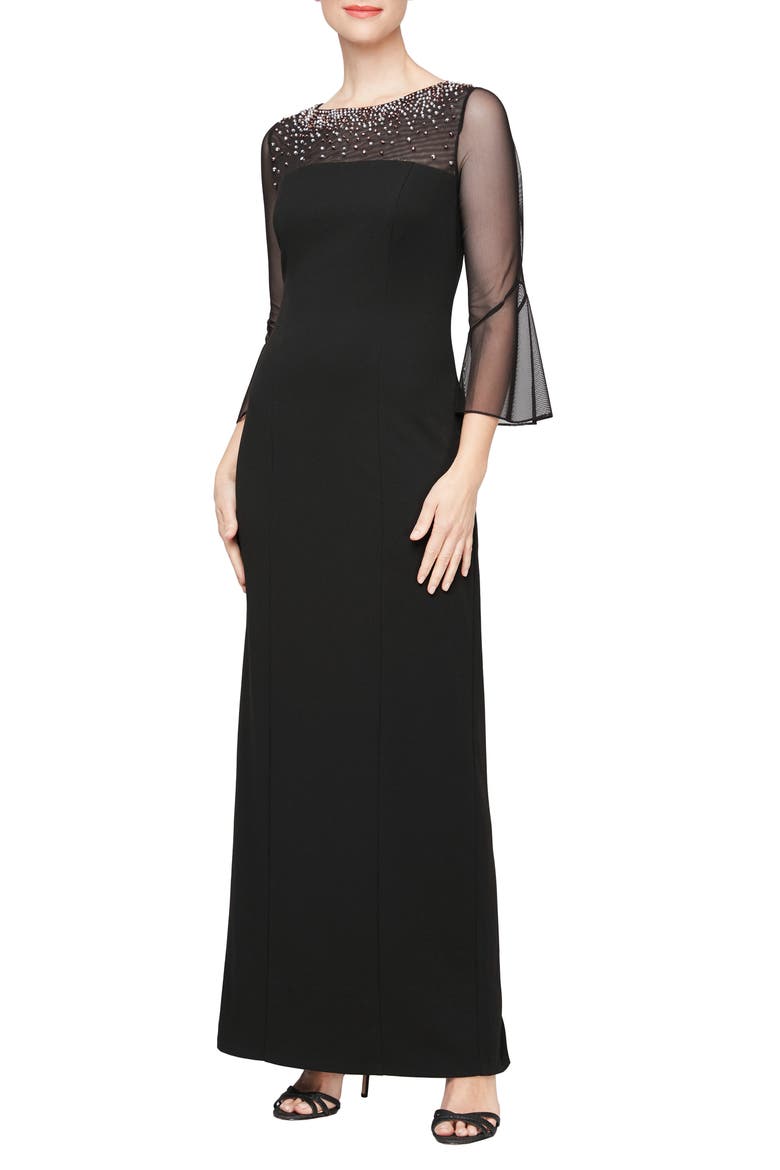 Rhinestone Yoke Column Gown, Main, color, BLACK