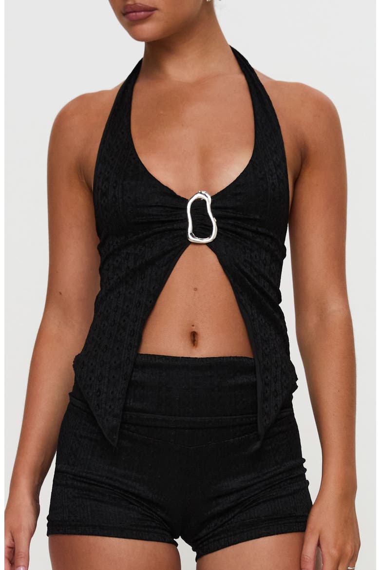 Moderna Split Front Lace Halter Top, Main, color, BLACK