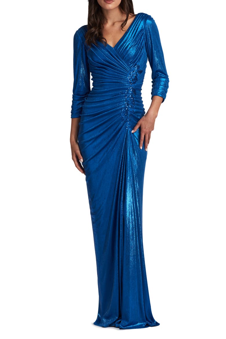 Ruched Metallic Three-Quarter Sleeve Gown, Main, color, PACIFIC BLUE