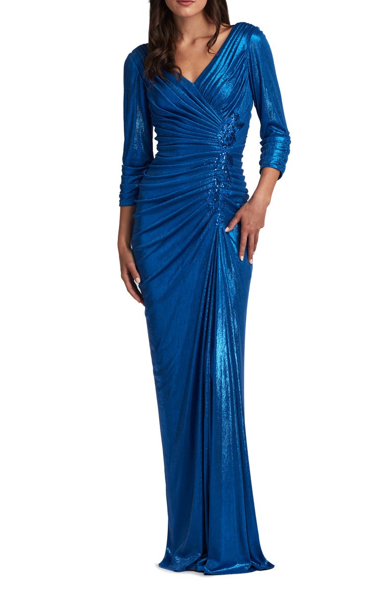 Tadashi Shoji Ruched Metallic Three-Quarter Sleeve Gown, Main, color, 