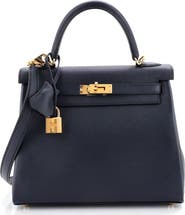 Pre-Owned Hermes Kelly Handbag Blue Epsom with Gold Hardware 25