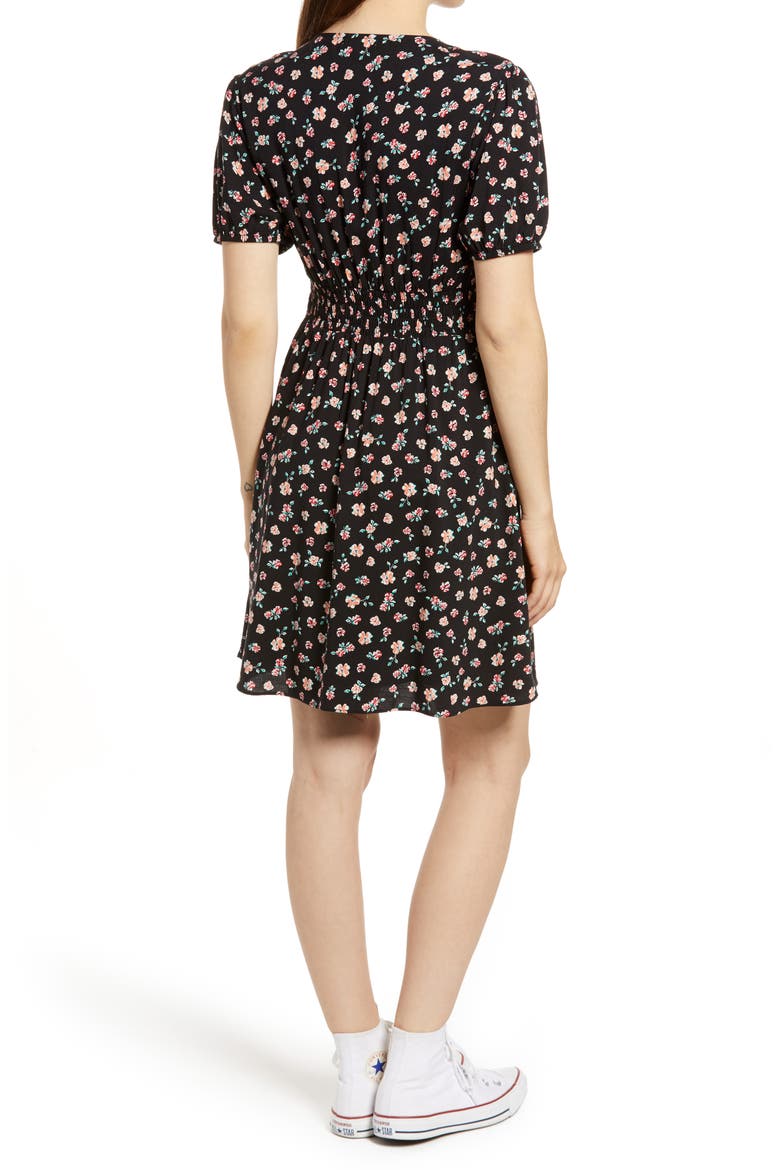 Floral Deep-V Minidress, Alternate, color, BLACK DAISY PRINT