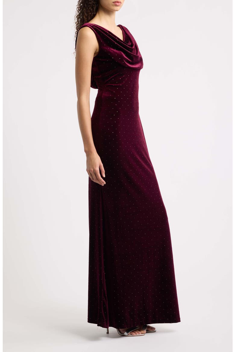 Diamante Detail Cowl Neck Velvet Gown, Alternate, color, WINE