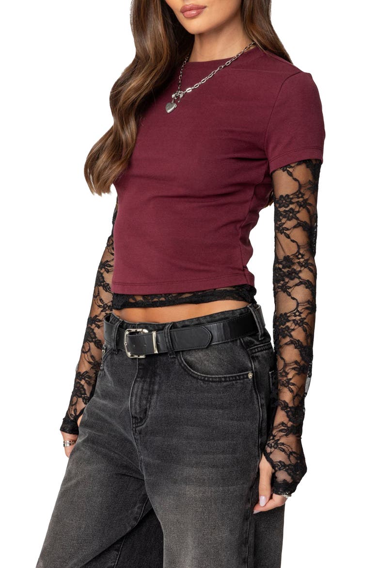 Layered Lace Sleeve T-Shirt, Alternate, color, BURGUNDY