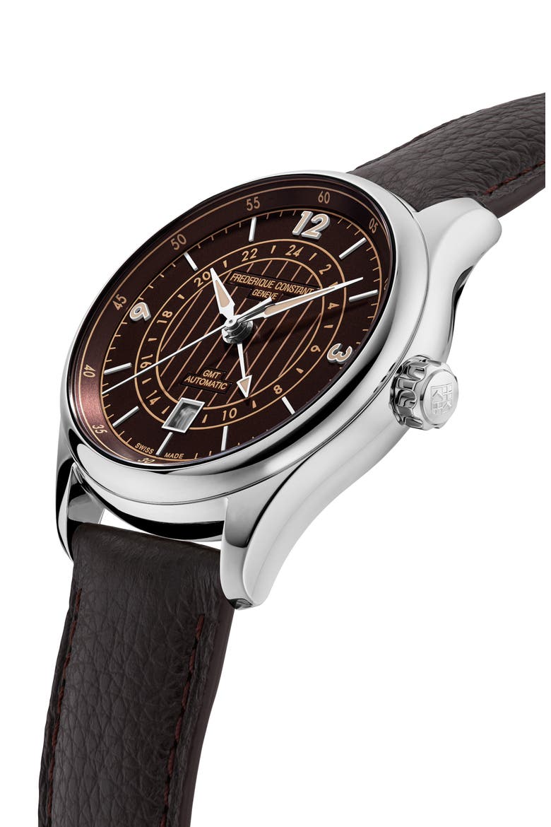 Runabout GMT Automatic Leather Strap Watch, 42mm, Alternate, color, SILVER-TONE