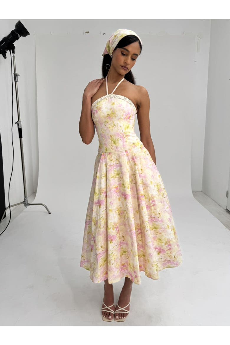 Zaina Floral Print Lace Trim Linen Midi Dress, Alternate, color, Yellow and pink floral print
