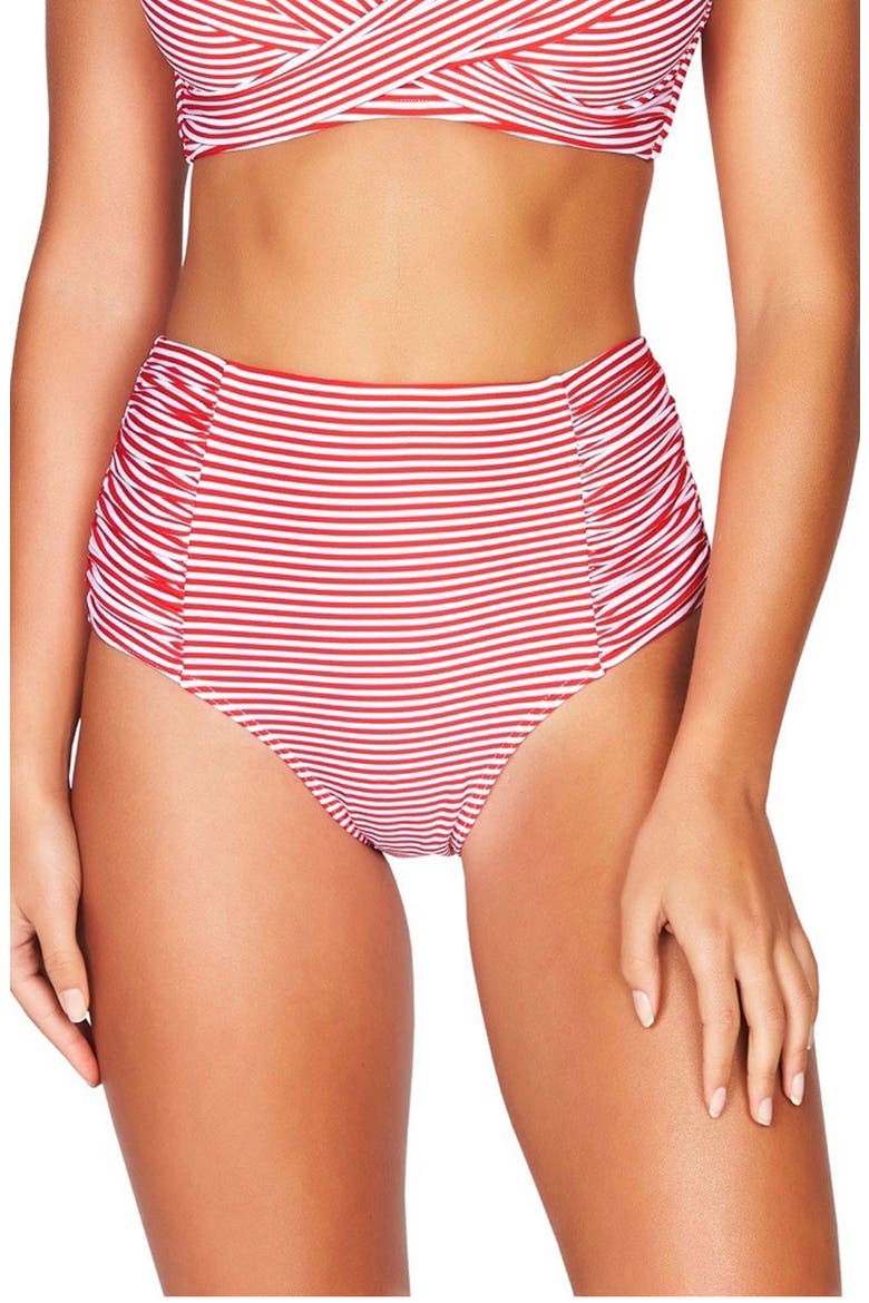 Sorrento Stripe High Waist Gathered Side Bikini Bottoms, Main, color, RED