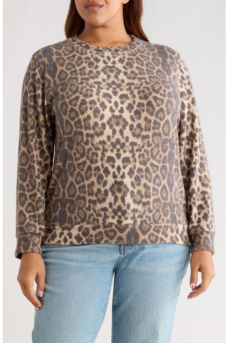 Brushed Animal Print Long Sleeve Crewneck Top, Main, color, TAUPE/ BROWN