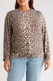 Loveappella Brushed Animal Print Long Sleeve Crewneck Top