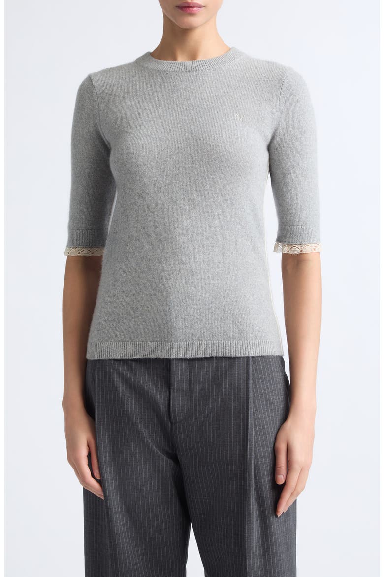 Lace Trim Short Sleeve Recycled Cashmere & Cotton Baby Tee, Main, color, GREY LACE