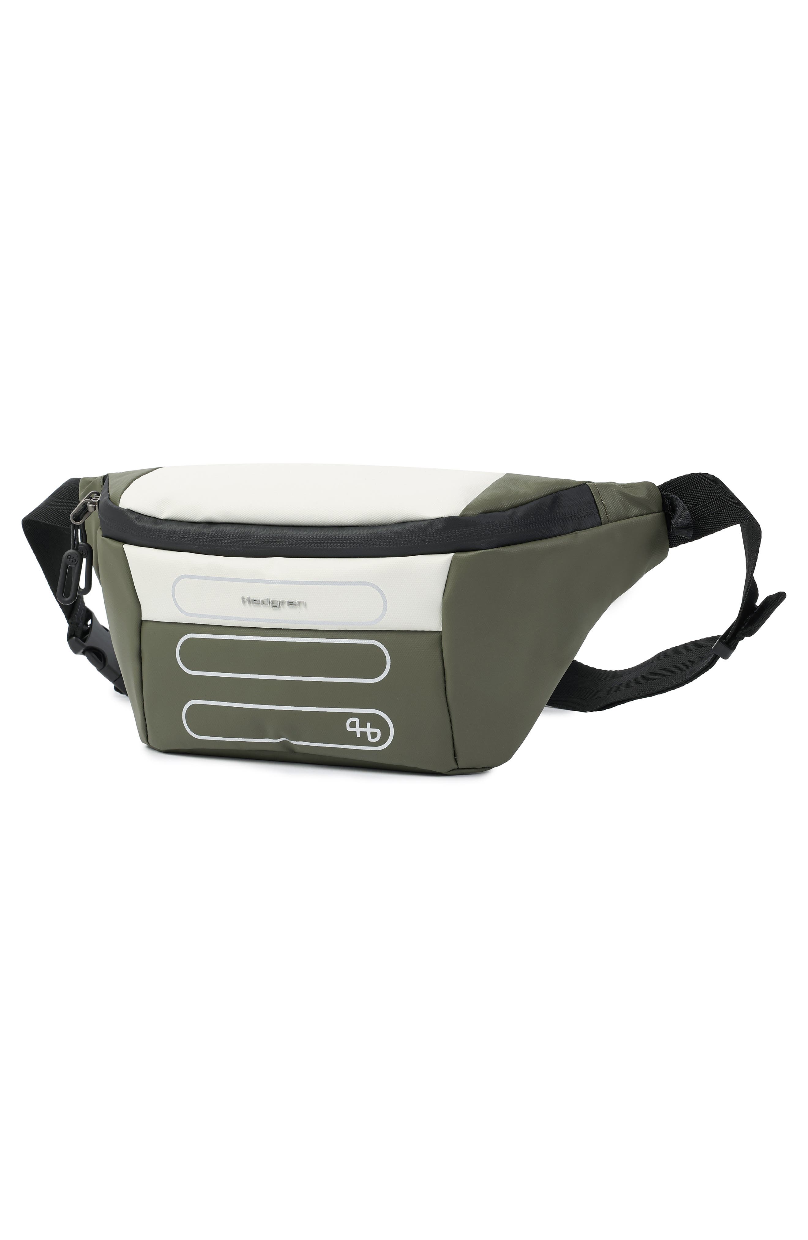 Visit RFID Recycled Polyester Belt Bag, Alternate, color, COATED OLIVE/ NATURAL