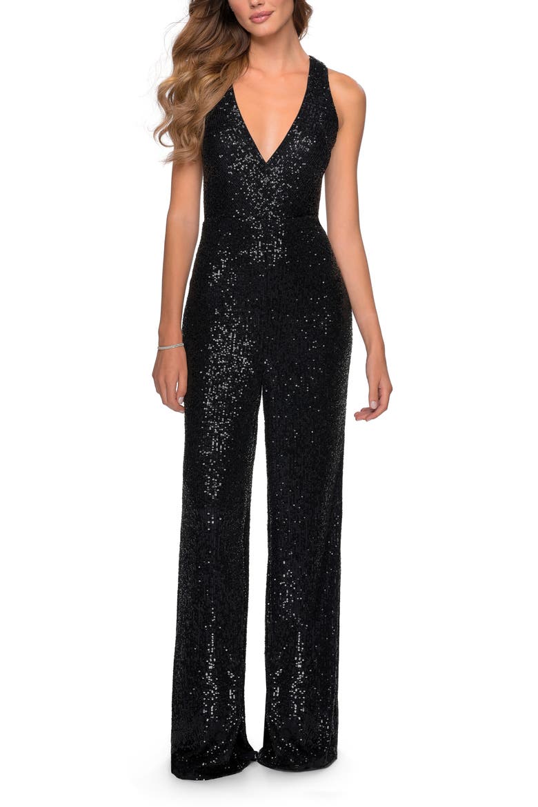 Surplice Sequin Jumpsuit, Main, color, BLACK