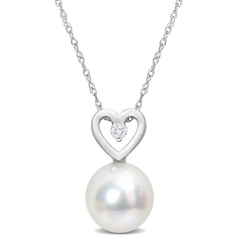 South Sea Pearl & Diamond Heart Drop Necklace 10k