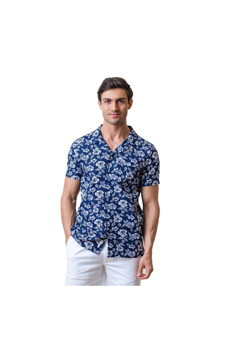 Hope & Henry Men's Linen Short Sleeve Camp Shirt, Main, color, Navy Hibiscus Linen