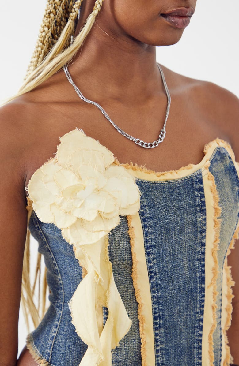 BDG Urban Outfitters Rosette Ruffle Strapless Denim Corset Top, Alternate, color, Dark Vintage