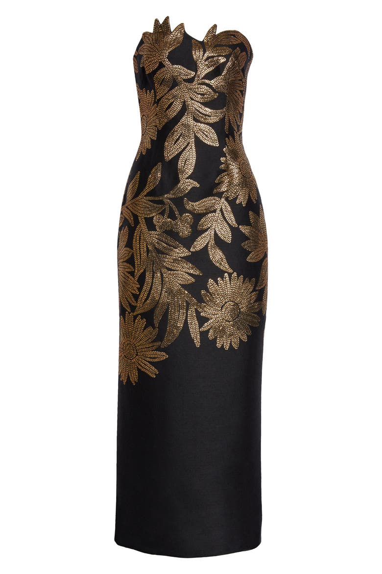 Metallic Floral Strapless Sheath Gown, Alternate, color, BLACK