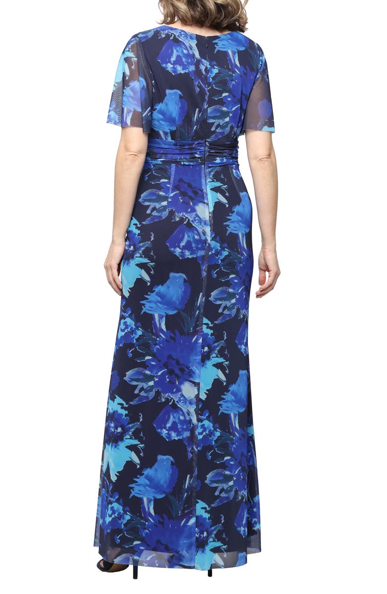 SL FASHIONS Floral Print Ruched Dress, Alternate, color, Blue/ Multi