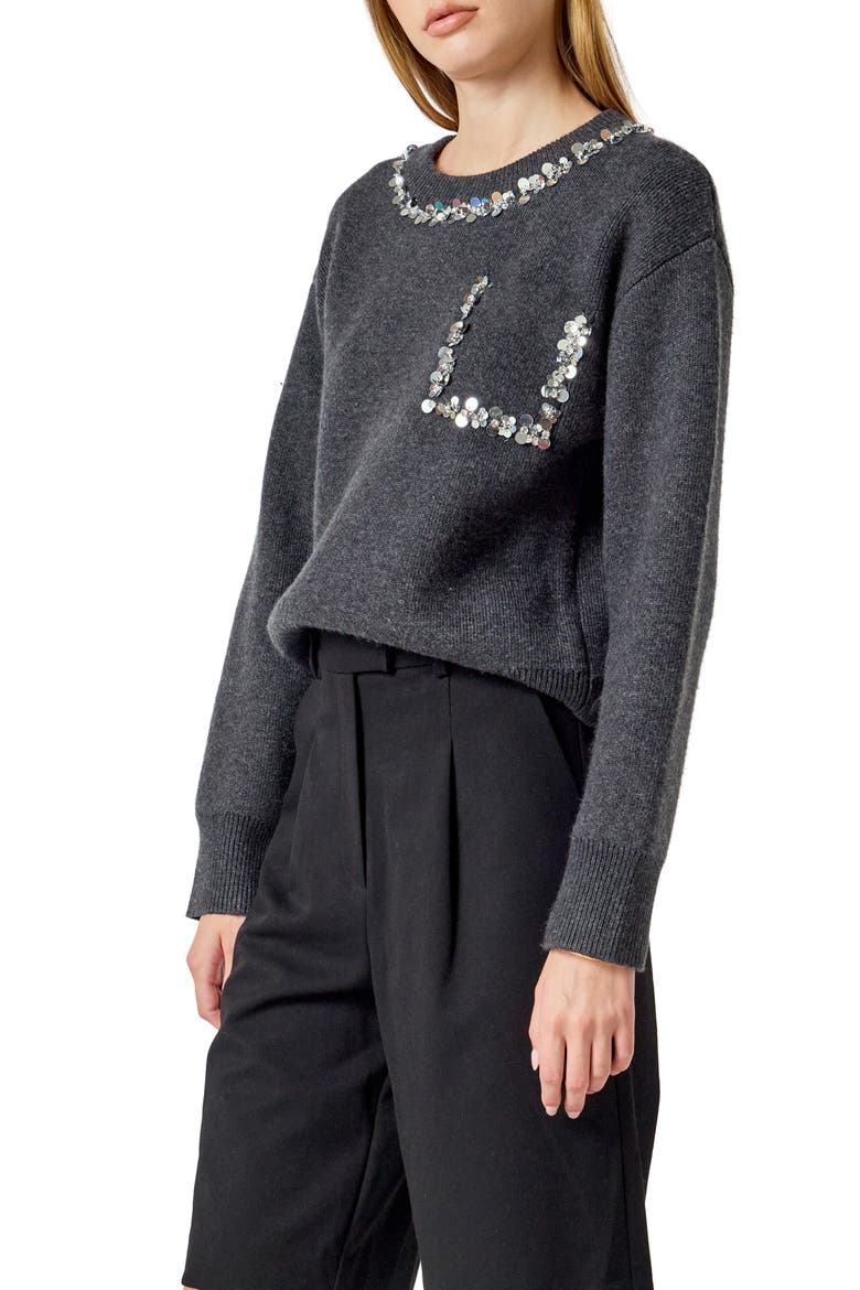 Pailette Trim Sweater, Alternate, color, CHARCOAL