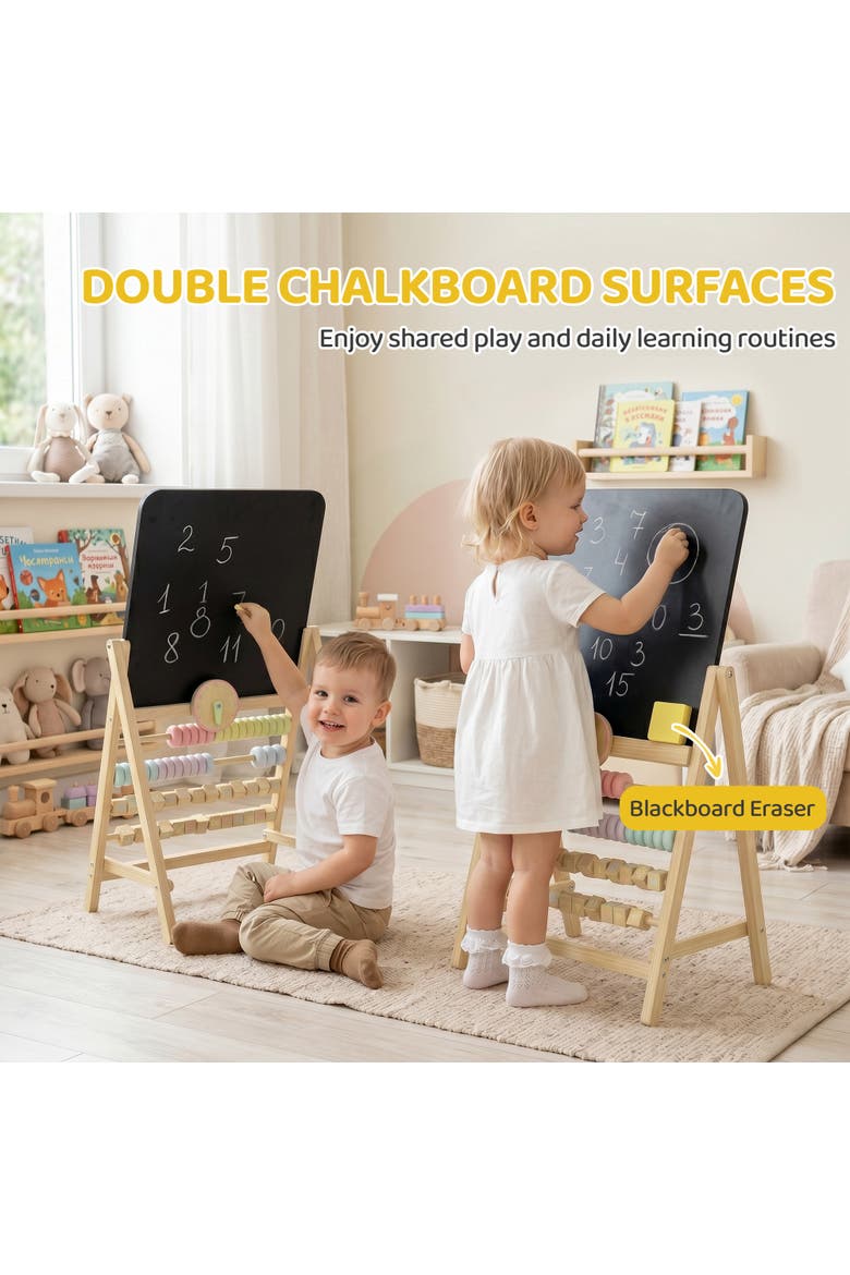 Kids Wooden Art Easel, Double-Sided Chalkboard, Clock & Abacus, Natural, Alternate, color, Natural wood finish