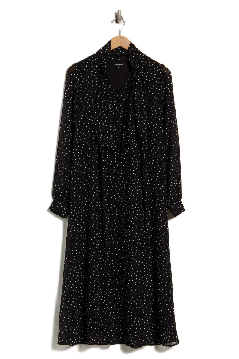 Dot Print Tie Neck Long Sleeve Midi Dress, Alternate, color, BLACK AND CREAM