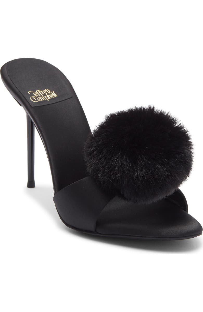 Jeffrey Campbell Shopaholic Faux Fur Pom Slide Sandal, Main, color, Black Satin Combo