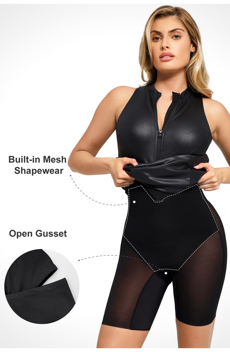 Popilush Shapewear Sculpting Faux Leather Zip Front Midi Dress, Alternate, color,