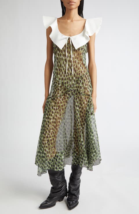 Caenes Polka Dot Georgette Midi Dress