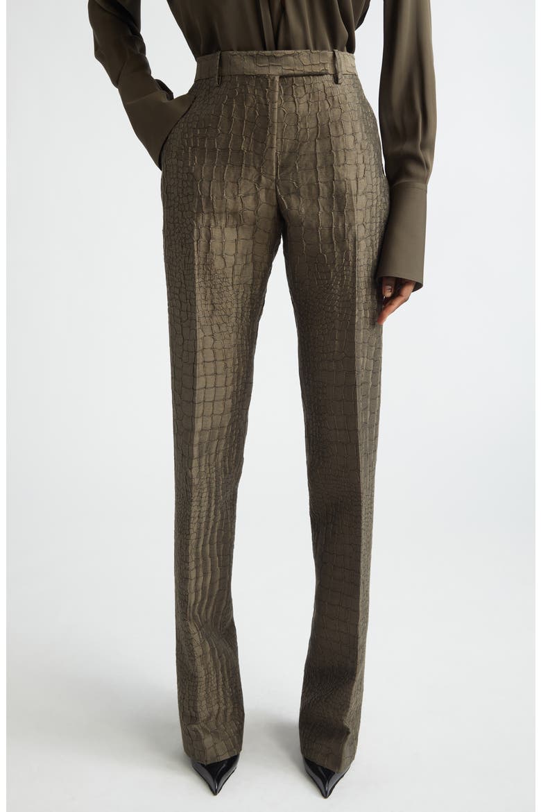 Crocodile Jacquard Linen & Silk Blend Straight Leg Pants, Main, color, OLIVE GREEN