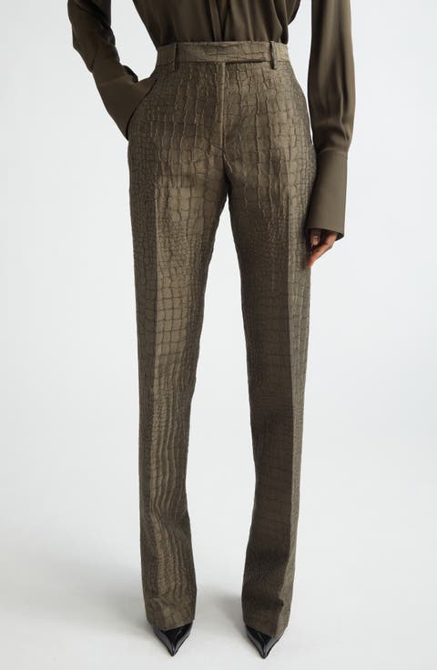 Crocodile Jacquard Linen & Silk Blend Straight Leg Pants