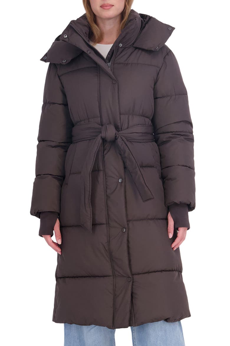 Belted Water Resistant Puffer Coat, Main, color, BROWN