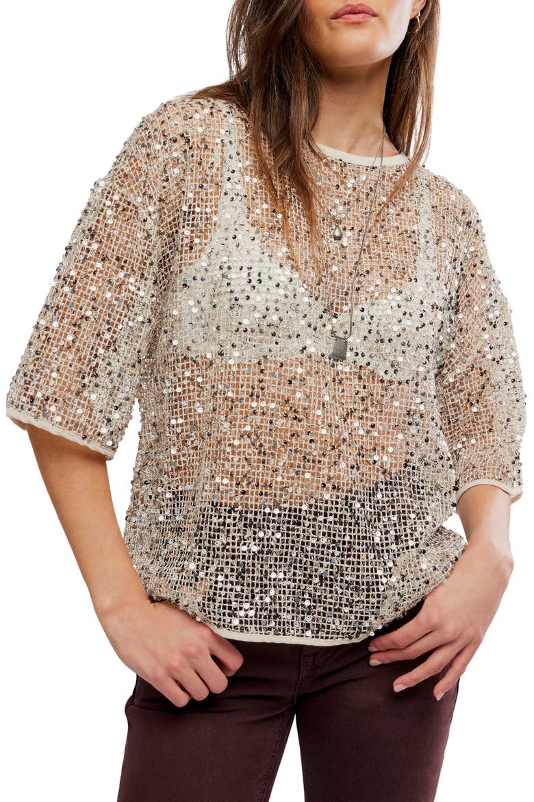 Calypso Sequin Open Knit T-Shirt, Main, color, MORNING OAT