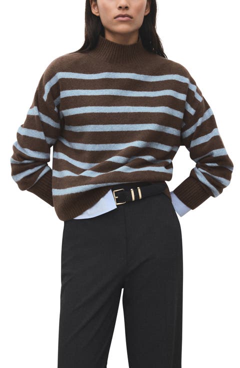 Oversize Stripe Mock Neck Sweater