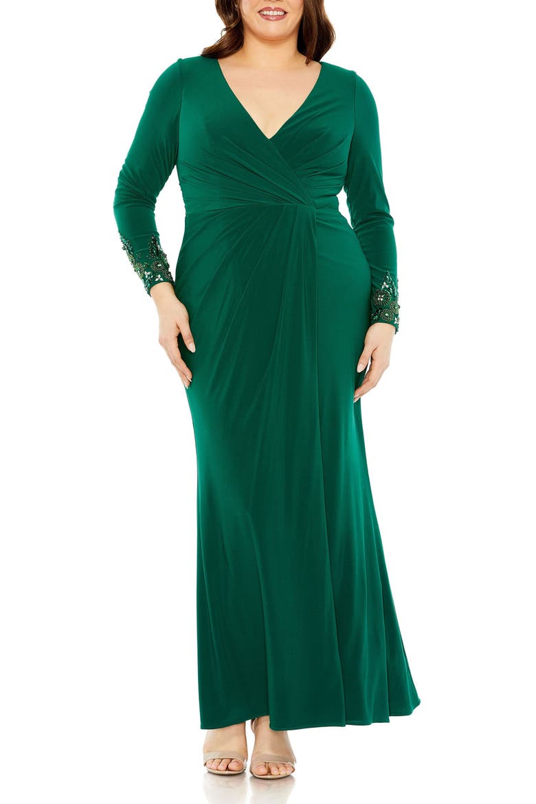 Long Crystal Detail Sleeve V Neck Gown, Main, color, Emerald