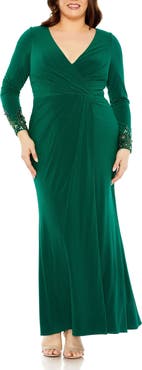 Mac Duggal Long Crystal Detail Sleeve V Neck Gown