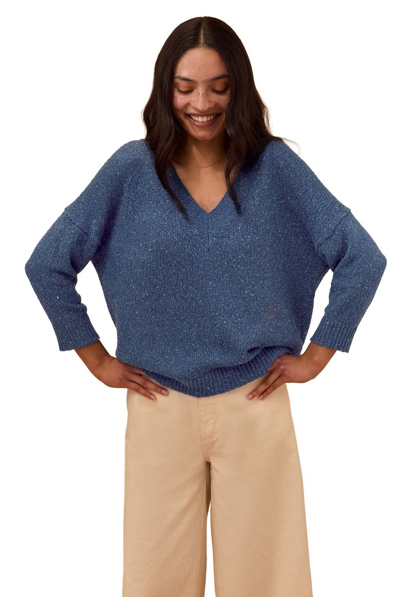 Cotton Blend Flecked V-Neck Sweater, Alternate, color, Mid Blue