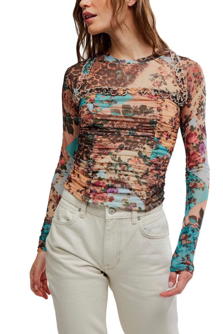 Ariana Printed Ruffle Shirred Mesh Shirt, Main, color, TAUPE COMBO