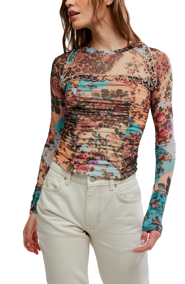 Free People Ariana Printed Ruffle Shirred Mesh Shirt, Main, color,