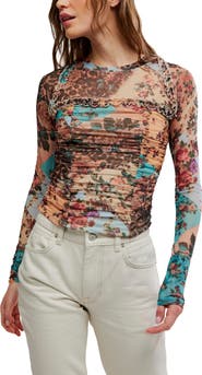 Free People Ariana Printed Ruffle Shirred Mesh Shirt