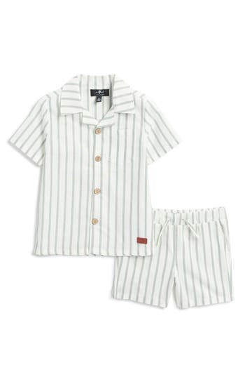 7 For All Mankind Kids' Cotton & Linen Shirt & Shorts Set In Hedge Green