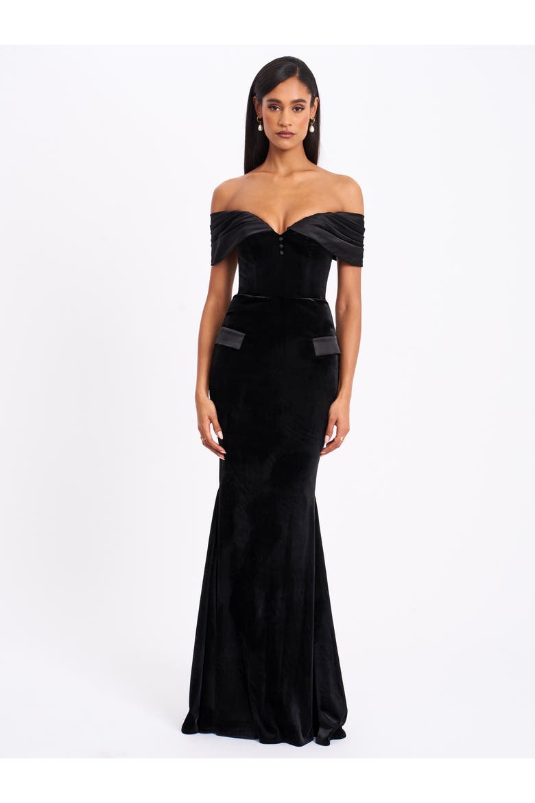 Qamra Velvet Off Shoulder Mermaid Maxi Dress, Alternate, color, Black