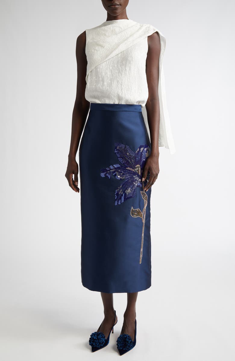 Erdem Asymmetric Drape Scarf Floral Jacquard Crushed Satin Top, Alternate, color, 