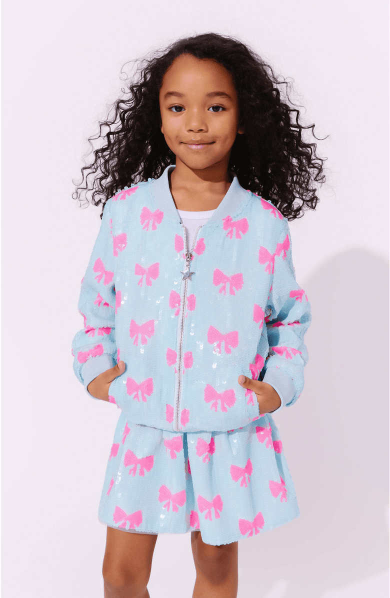 Lola + The Boys Pretty in Bows Sequin Bomber, Alternate, color, Blue