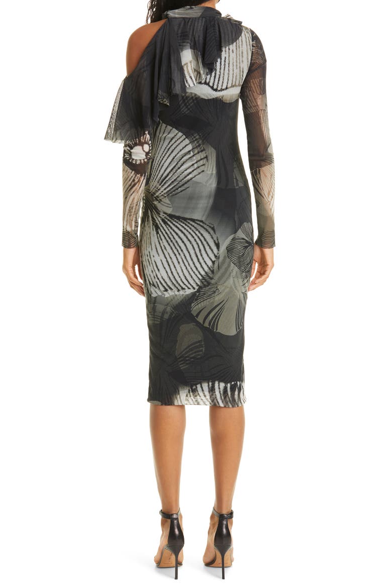 Floral Print Ruffle One-Shoulder Long Sleeve Tulle Dress, Alternate, color, NERO