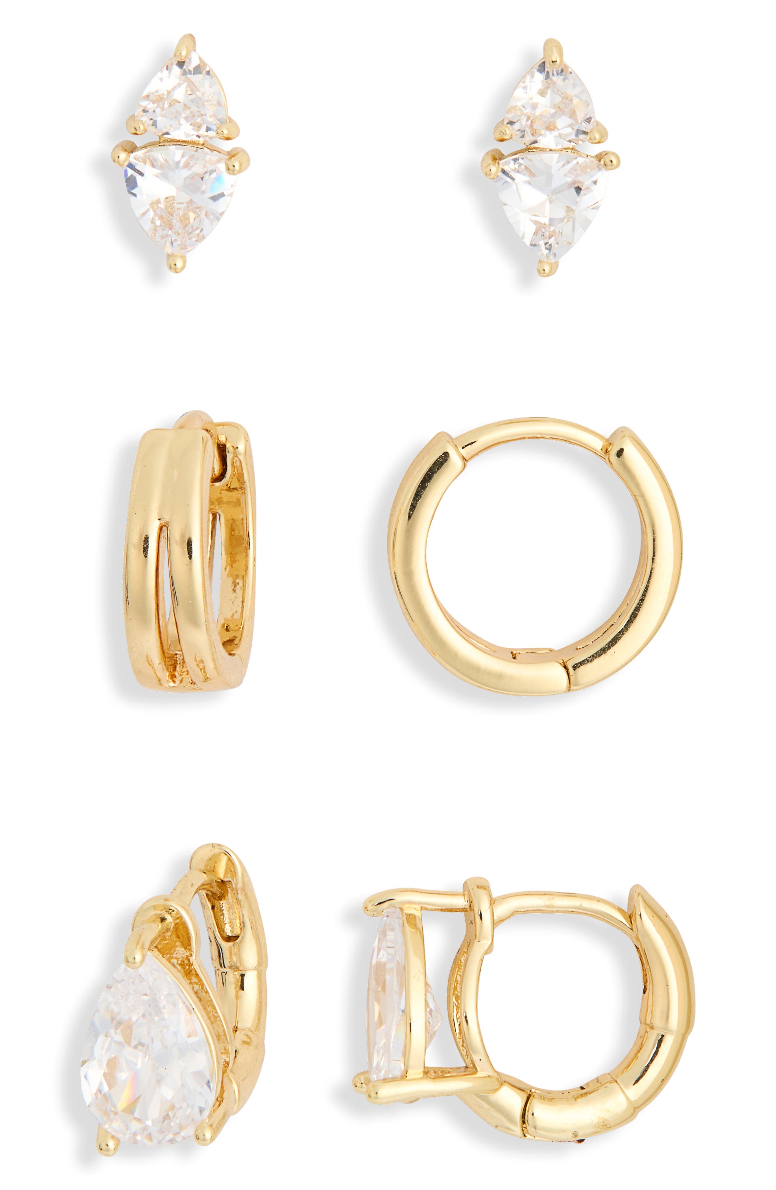 Set of 3 Cubic Zirconia Stud & Huggie Hoop Earrings