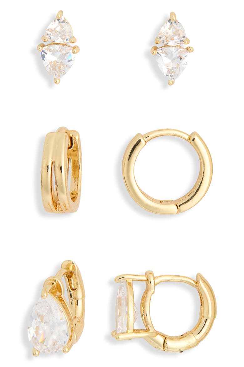 Set of 3 Cubic Zirconia Stud & Huggie Hoop Earrings, Main, color, CLEAR- GOLD