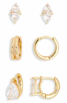 Set of 3 Cubic Zirconia Stud & Huggie Hoop Earrings