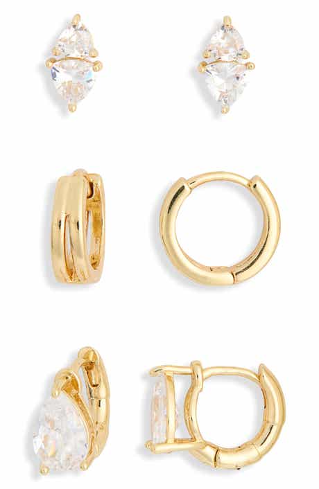 Set of 3 Cubic Zirconia Stud & Huggie Hoop Earrings