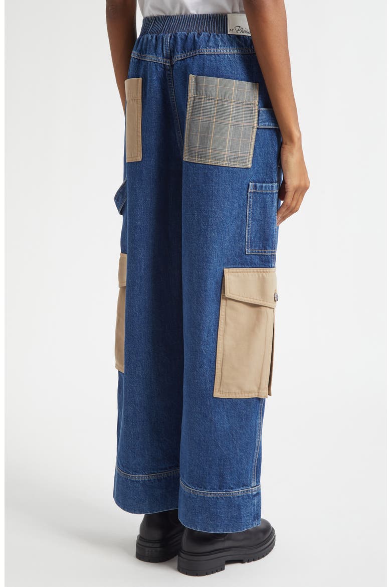 Patchwork Wide Leg Elastic Waist Cargo Jeans, Alternate, color, INDIGO MULTI